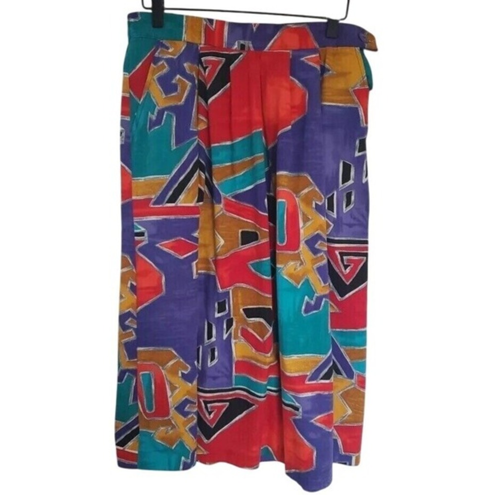 Ali Miles Women's Abstract Artsy Midi Skirt Size 12 Petite Pull On Cotton USA